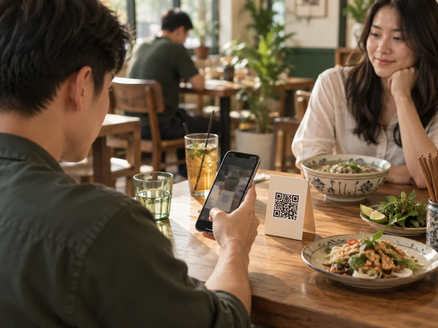Khách dùng điện thoại quét mã QR đặt trên bàn ăn