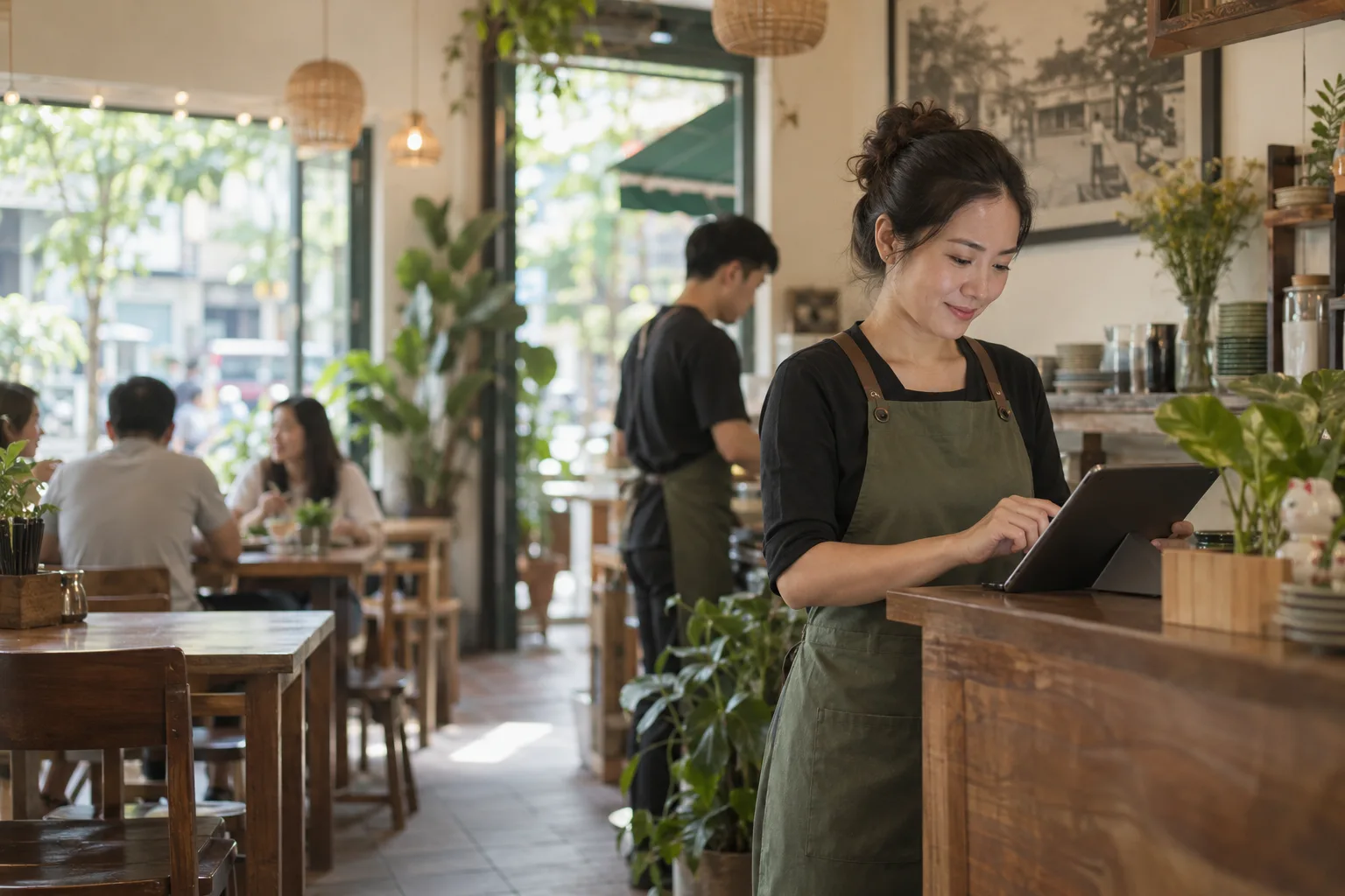 Chủ quán sử dụng máy tính bảng tại quầy trong không gian nhà hàng ấm áp